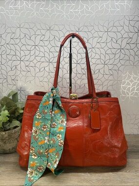 Coach orange leather Tote Bag with Floral Scarf